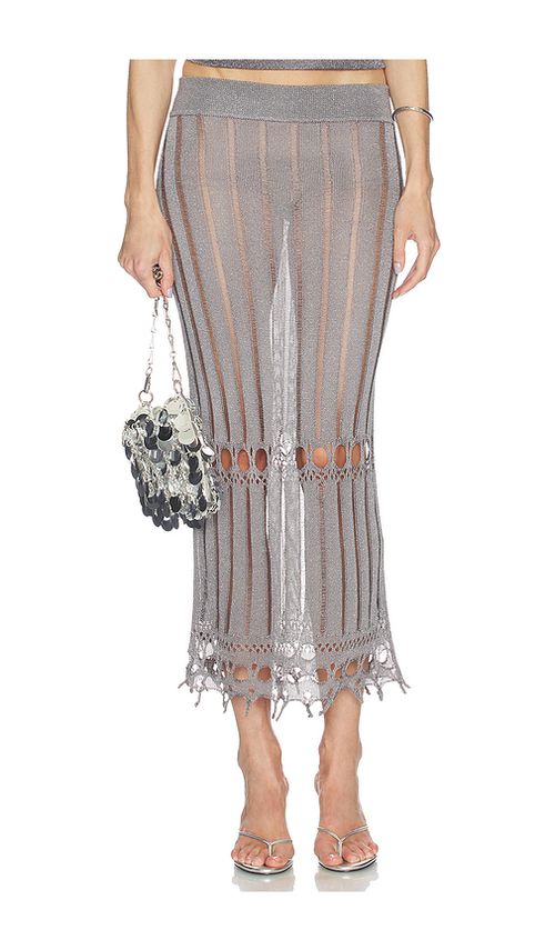 Lovers and Friends Francie Metallic Knit Maxi Skirt in Metallic Silver. S. Also in