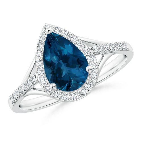 Angara 1.65 Carats Pear-Shaped London Blue Topaz Ring with Diamond Halo in Platinum