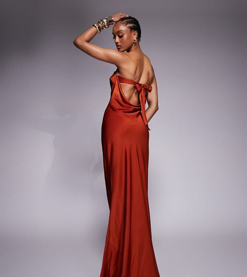 ASOS DESIGN Tall satin trapeze bandeau maxi dress with bow back detail in rust-Pink