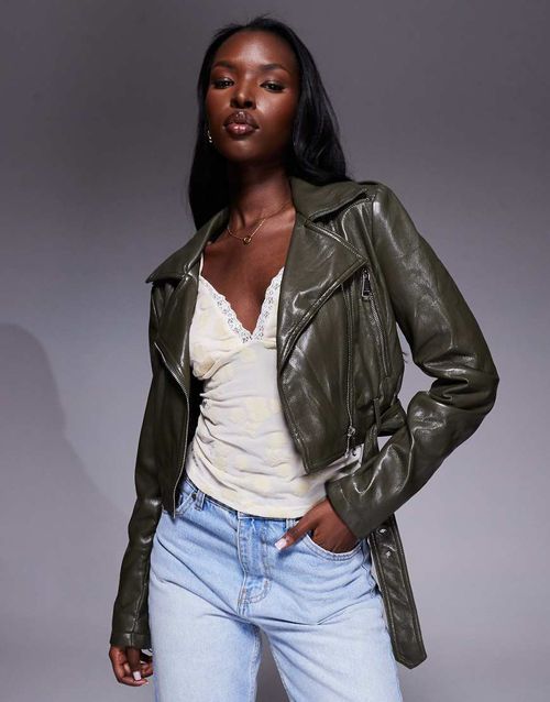 Remy faux leather cropped biker jacket in olive-Green