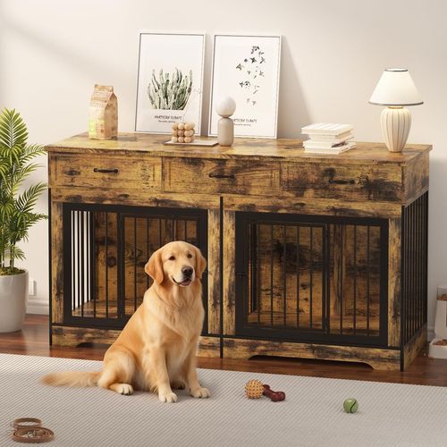 Garvee 71" Dog Crate Furniture for 2 Dogs, Heavy Duty Double Dog Kennel with 3 Drawers, Extra Large Furniture Style Indoor Dog Crate Table TV Stand for Medium/Large Dogs, Brown