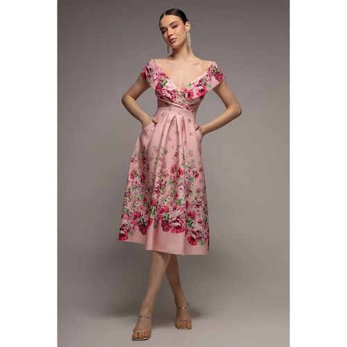 Goddiva Bardot Floral Print A-Line Scuba Foam Midi Dress - Blush