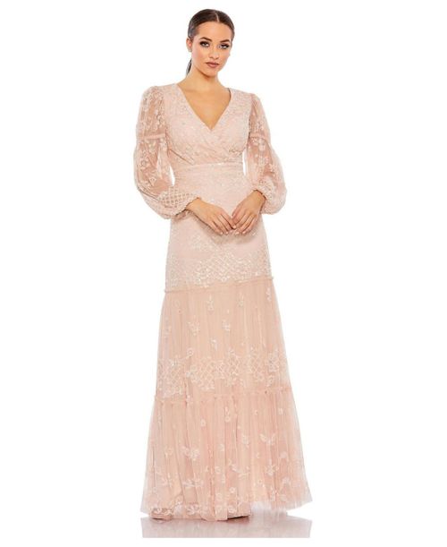 Women's Sequined Tiered Wrap Over Puff Sleeve Gown - Blush
