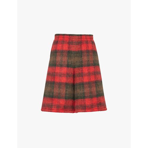 Mens Red/brown Check-pattern Relaxed-fit Brushed Wool-blend Shorts L