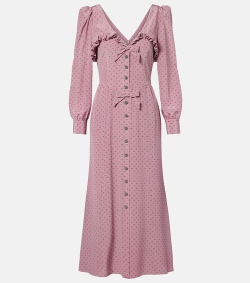 Polka-dot ruffled silk midi dress