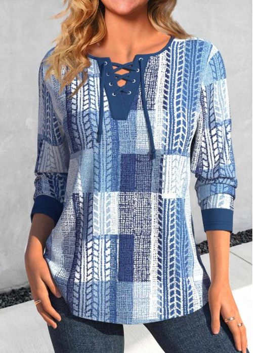 Modlily Denim Blue Lace Up Geometric Print T Shirt