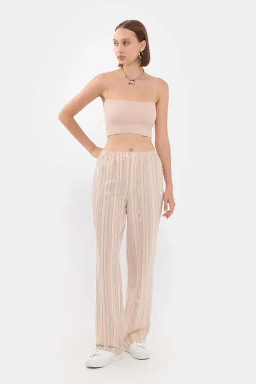 Oatmeal Natural High-waist Striped Woven Trousers With Elastic Waist And Button Detail Women