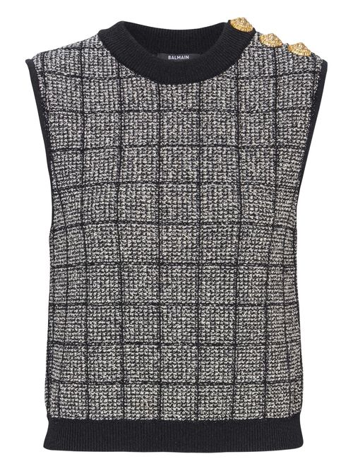 Tweed Knit Round-Neck Pullover with Lion-Head Button Placket