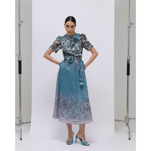 River Island Womens Midi Dress Blue Floral 3D Corsage Short Sleeve