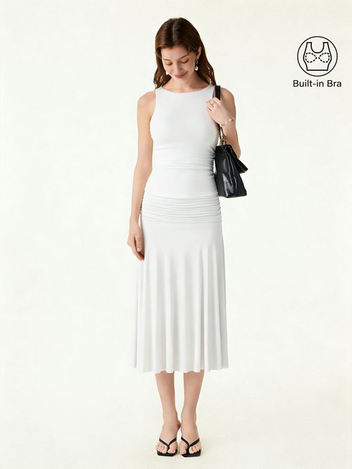 2Pcs Set Open Back Bra Tank & Side Ruched A-line Midi Skirt - White/Pure White / XS