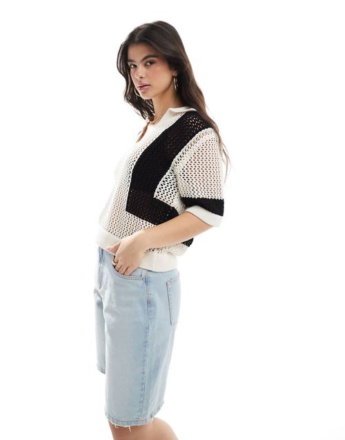 Crochet knitted shirt in cream and black-White