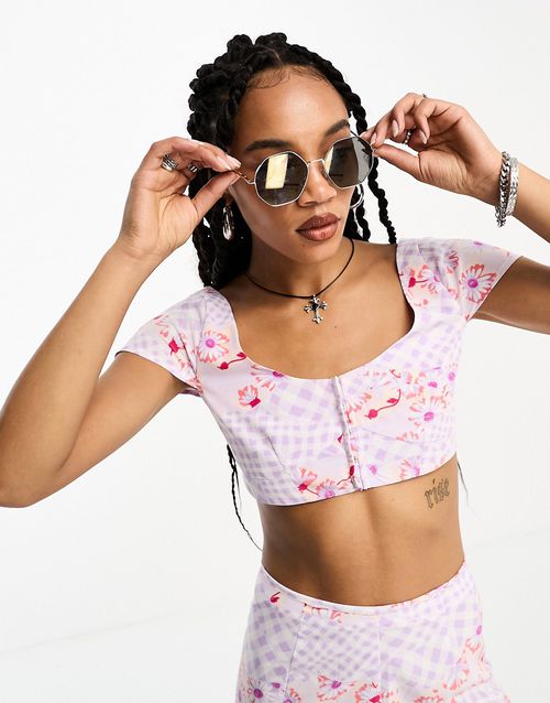 Open back crop top in lilac mixed gingham - part of a set-Purple