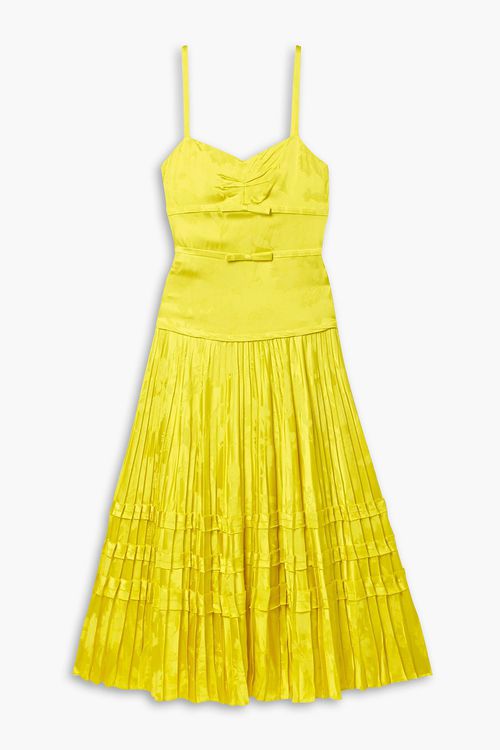 Bow-embellished pleated satin-jacquard midi dress