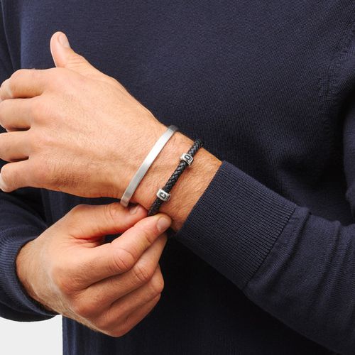 Men's Black Bonded Leather Bracelet (Silver)