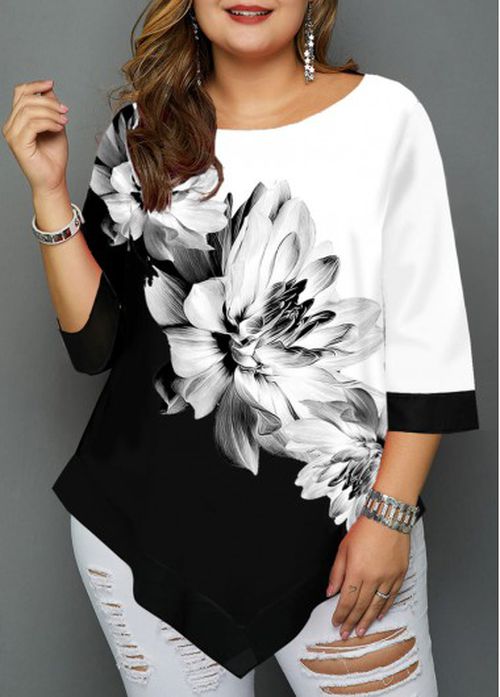 Modlily Asymmetric Hem Plus Floral Print T Shirt - 1X