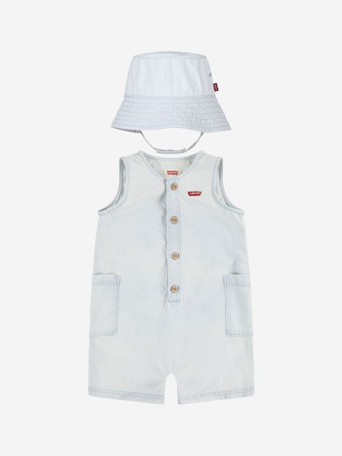 Levi's Kids Wear Baby Boys Denim Romper and Bucket Hat in Blue 12 Mths