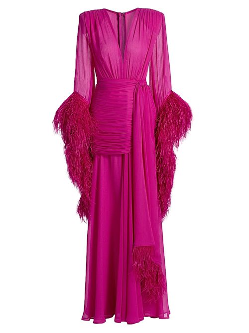 Women's Geisha Feather-Trim Chiffon Gown - Pink
