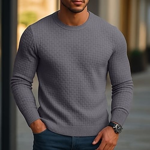 Men's Pullover Sweater Jumper Knit Sweater Ribbed Knit Regular Tops Jacquard Knitted Plain Crew Neck Fashion Basic Vacation Casual Clothing Apparel Fall Fa