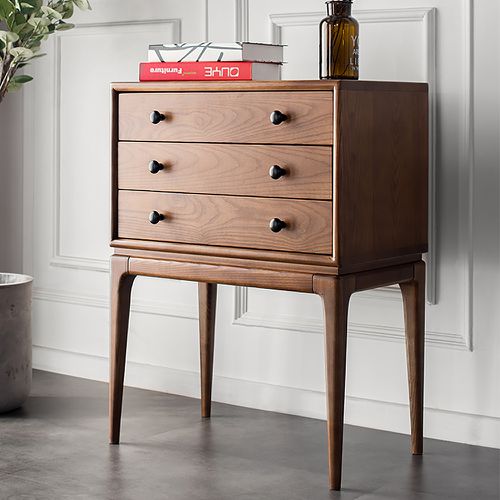 Tanic Mid Century Modern Chest Cabinet with Storage 3 Drawers of Ash Wood in Walnut