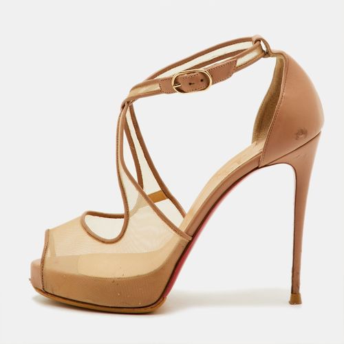 Christian Louboutin Mariacar 37 Beige Leather and Mesh Platform Peep Toe Pump