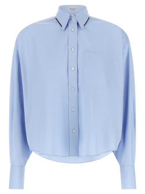 Cotton with Monile Trim Collar Blouse — Blue