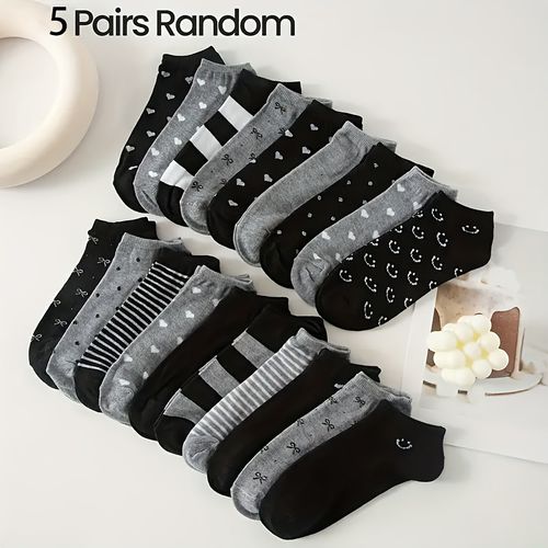 TEMU 5/10 Pairs Women's Fashion Low- - Striped & Heart Dot Pattern Casual Sports Socks, Breathable , Black & Gray, Hand Wash Only, Cute Socks, Sock