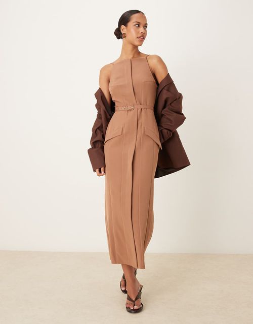 Slash neck belted midi dress with pockets in taupe-Neutral