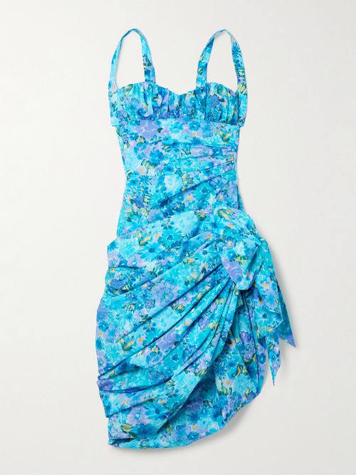 Asymmetric Bow-detailed Draped Gathered Floral-print Cotton Mini Dress - Blue