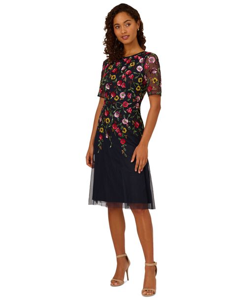 Women's Embellished Mesh Midi Dress - Navy Multi