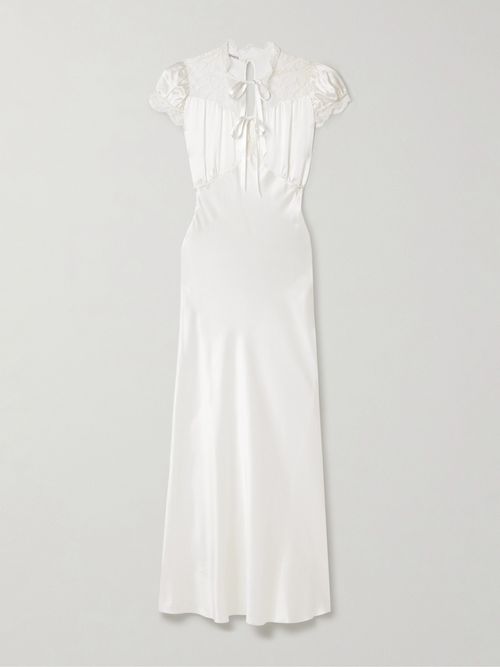 Lace-trimmed Silk-satin Midi Dress - Off-white