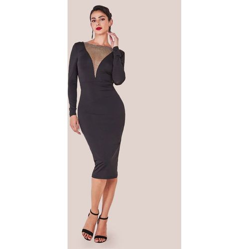 Goddiva Diamante Fishnet Cowl Back Midi - Black