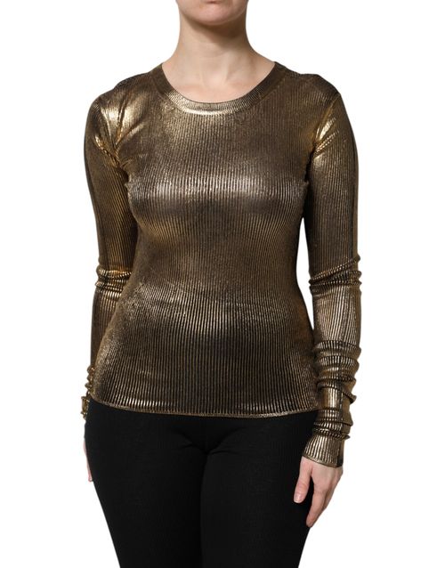Metallic Viscose Ribbed Sweater — Gold