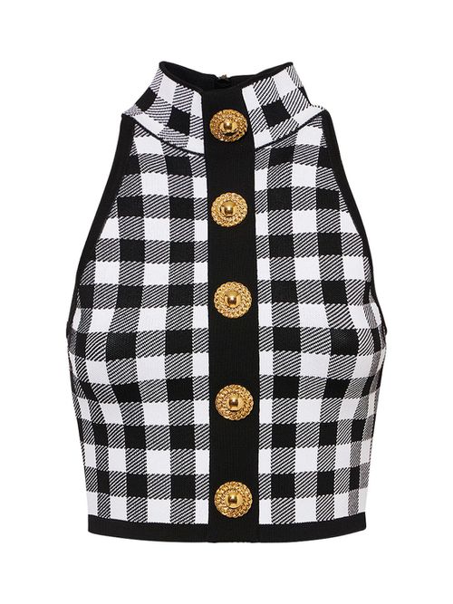 Check Knit High Neck Cropped Vest