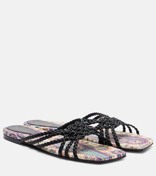Canvas-trimmed printed leather slides