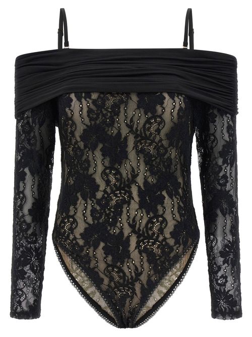 Stretch Lace Off-Shoulder Bodysuit — Black