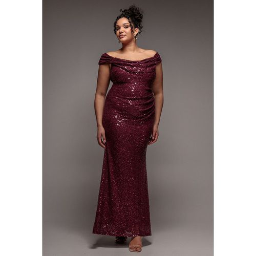 Goddiva Plus Cap Sleeve Iridescent Sequin Cowl Maxi Dress - Burgundy Red