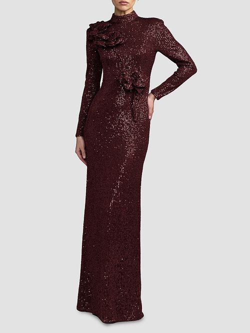 Women's Floral Sequined Mock Turtleneck Gown - Mahogany