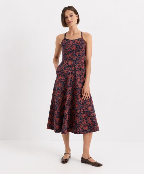 Women's Navy Blooming Vines Fit & Flare Midi Dress RZ