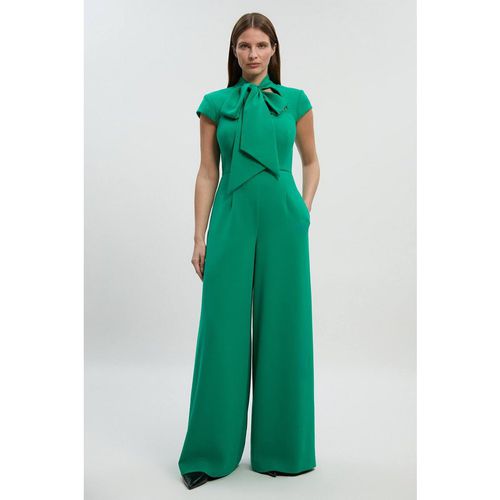 Karen Millen Women's Compact Stretch Bow Tie Neck Tailored Wide Leg Jumpsuit in Emerald