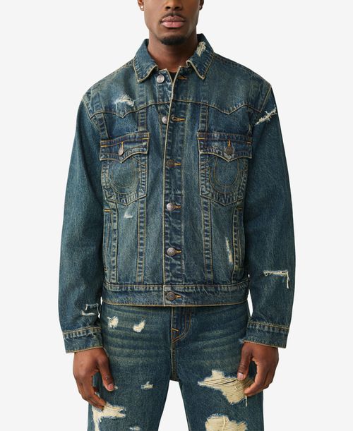 Men's Collared Destroyed Oversized Jacket - Rusted Denim Dark Wash