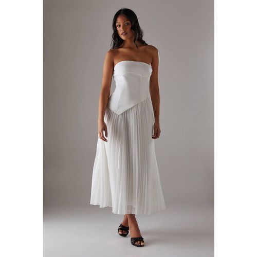 Warehouse Women's Bandeau Bodice Pleated Chiffon Midi Dress in Ivory