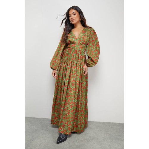 Warehouse Women's Petite Premium Satin Open Back Maxi Dress in Olive