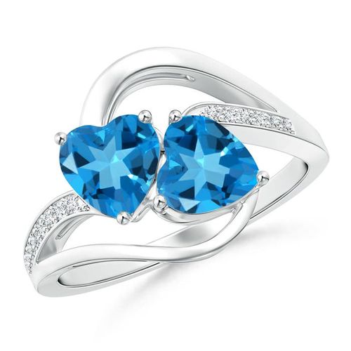 Angara 1.84 Carats Two Stone Heart Swiss Blue Topaz Bypass Ring with Diamonds in Silver