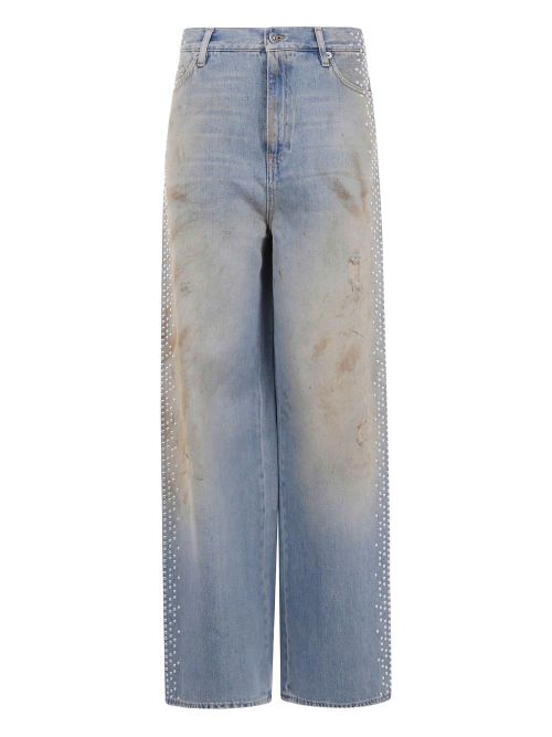 Rhinestone-Embellished Boyfriend Jeans — Light Blue