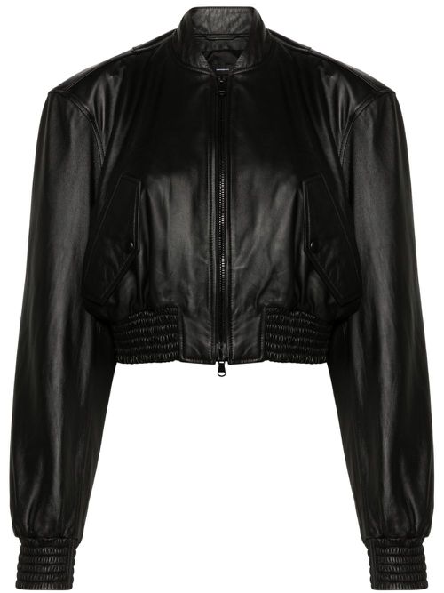Cropped leather bomber jacket - Black