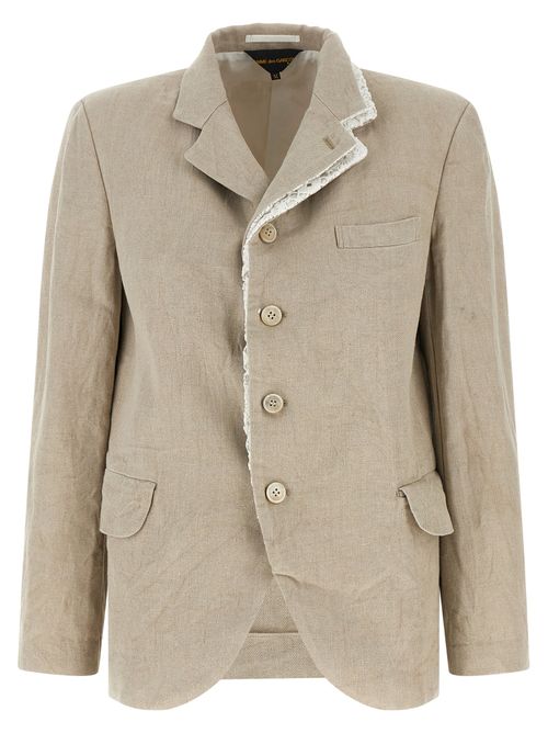Linen with Crochet-Embroidered Lapel Blazer — Beige