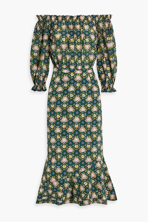 Grace off-the-shoulder ruffled silk crepe de chine midi dress