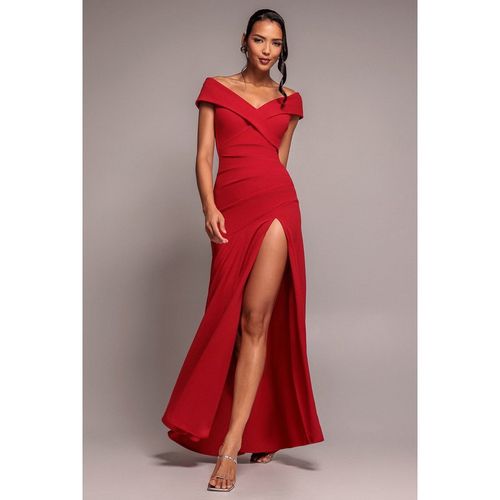 Goddiva Scuba Crepe Off Shoulder Front Split Maxi Dress - Red