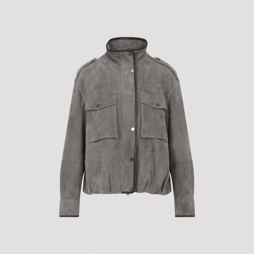 Couture suede outerwear jacket with monili
