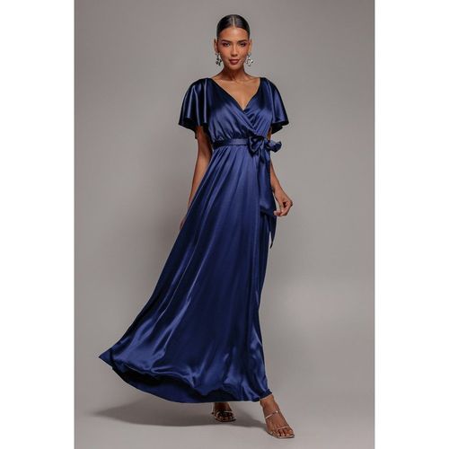 Goddiva Satin Flutter Sleeve Wrap Maxi Dress - Navy Blue